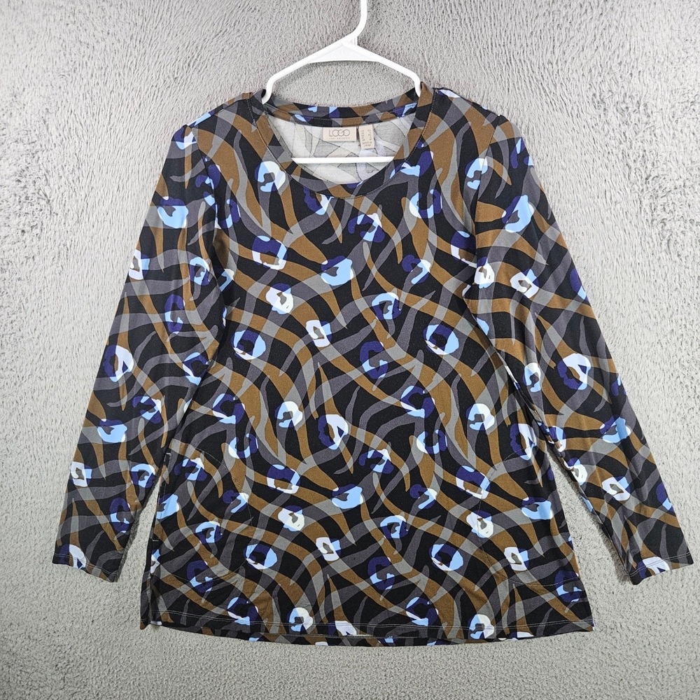 LOGO Lori Goldstein Womens XS Abstract Animal Print‎ Long Sleeve Tunic Top Blue